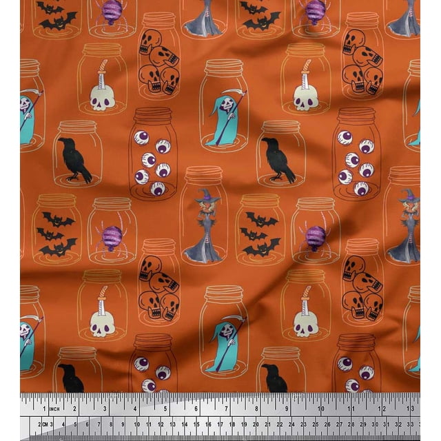 Soimoi Rayon Fabric Ghost,Skull & Witch Halloween Printed Fabric 1 Yard 56 Inch Wide