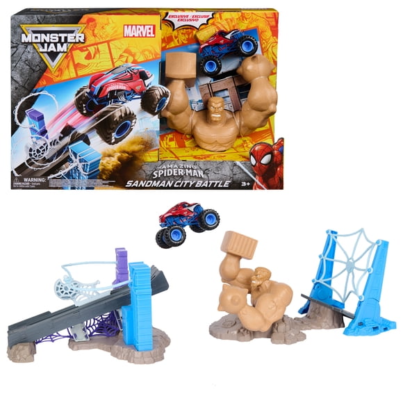 Coffret de jeu Monster Jam Spiderman Sandman City Battle, Jouets Monster Truck à l'échelle 1:64 avec lanceur à fronde, Jouets pour enfants de 3 ans et plus