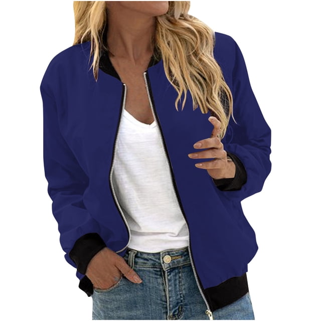 Womens Fashion Jacket Casual Stand Collar Zip Up Lightweight Coat Fall Color Block Jackets with Pockets Navy XXL