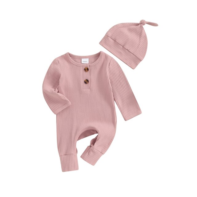 EYIIYE Infant Baby Girls Boys Basic Romper 0-6M Newborn Long Sleeve Bodysuit Crew Neck Overalls Solid Color Ribbed Button Jumpsuit with Hat Spring Autumn