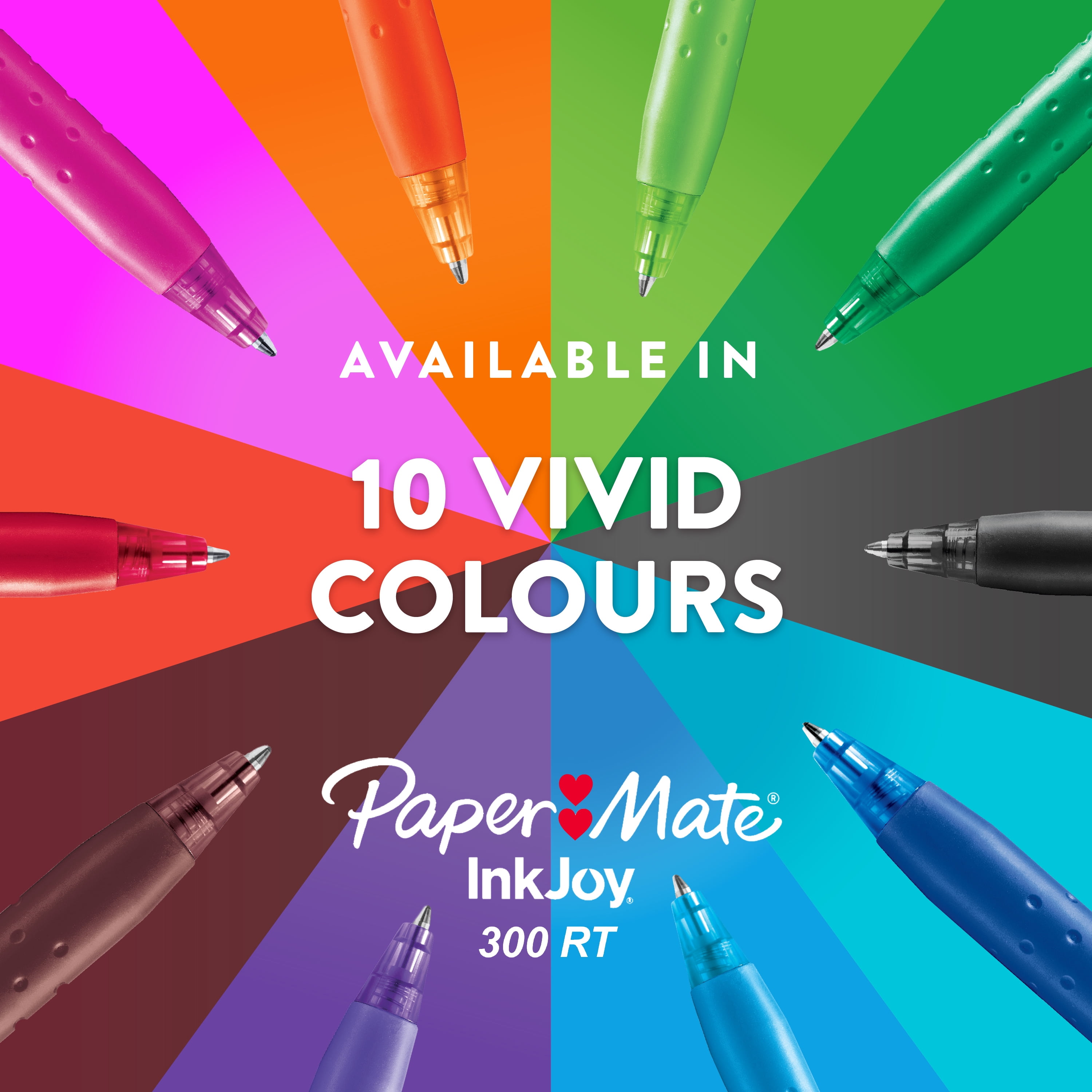 Stylos à bille rétractables Paper Mate InkJoy 300RT, pointe moyenne (1,0 mm), couleurs de bonbons éclatants, 8 unités