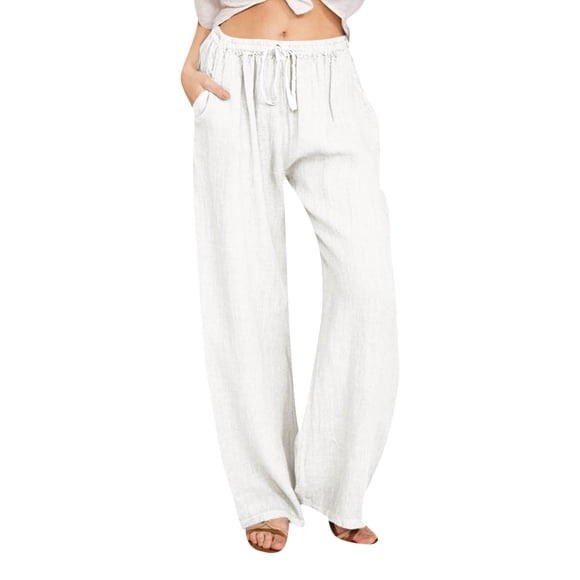 Fgnfyis Women's Pants Linen Summer Wide Leg Casual Loose Drawstring High Waist Solid Color Palazzo Trousers with Pockets for Women White S