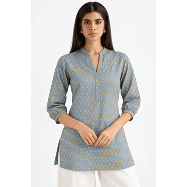 DWEEP SARA Women’s Grey Cotton Blend Floral Printed Short Kurti / Tunic – Casual & Office Wear | 3/4 Sleeves | Lightweight & Breathable Fabric, L-40