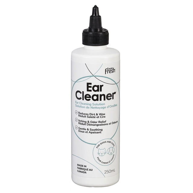 Enviro Fresh Ear Cleaner 250ml bottle with black applicator cap, gentle ear cleaning solution for dogs and cats that reduces dirt, wax, itching, and odor, made in Canada.