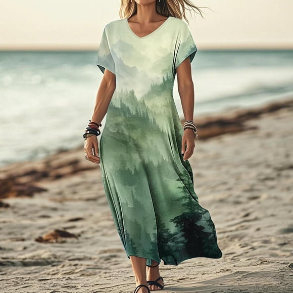 Pisexur Maxi Dresses for Women Classic V Neck Short Sleeve Swing Dress Fashion Boho Sundresses for Women Casual a line dresses for Women Holiday Party Dresses for Women with Pockets S-2XL Green