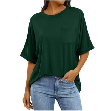 Lmnyox T-Shirt Basique à Manches Courtes pour Femmes, Col Rond, Couleur Unie, Coupe Ample, avec Poche, Hauts Décontractés d'Été