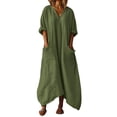 thumbnail image 2 of Mceream Robes Maxi pour Femmes Grande Taille Manches 3/4 Coupe Ample Col en V Ourlet Irrégulier Robe Maxi Ample en Lin avec Poches Robes d'Été pour Vacances à la Plage Vert Armée m, 2 of 7