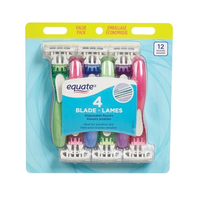 Equate 4 Blade Disposable Razors for Women value pack with 12 disposable razors featuring assorted coloured soft touch handles in green, blue, purple, and pink, each with a pivoting head, four microfine wire wrapped blades, and lubricating strips with vitamin E to reduce razor drag and irritation, designed for sensitive skin and smooth shaving along curves.