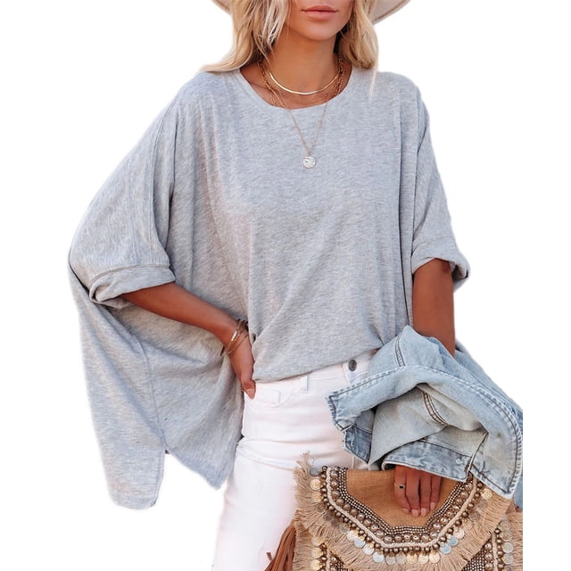 Women's Oversized Batwing Tops Casual Round Neck Half Sleeve Irregular Blouse Shirts