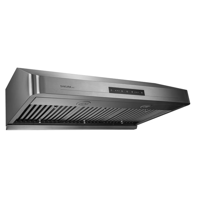 Sakura 30" B53 Stainless Steel Range Hood with brushed stainless steel finish, shown from a low angle. It features a dishwasher-safe baffle filter system, dual LED lights, and a touchscreen control panel with 3-speed fan and turbo settings. Equipped with quiet dual 650 CFM motors and a rear oil tray, it efficiently removes smoke, steam, and odors from home kitchens.