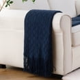 thumbnail image 3 of BATTILO HOME Navy Blue Throw Blanket for Couch, Acrylic Knit Woven Blanket, Lightweight Decorative Soft Nap Throw with Tassel for Chair Bed Sofa Travel Picnic, Suitable for All Seasons, 50"x60", 3 of 7