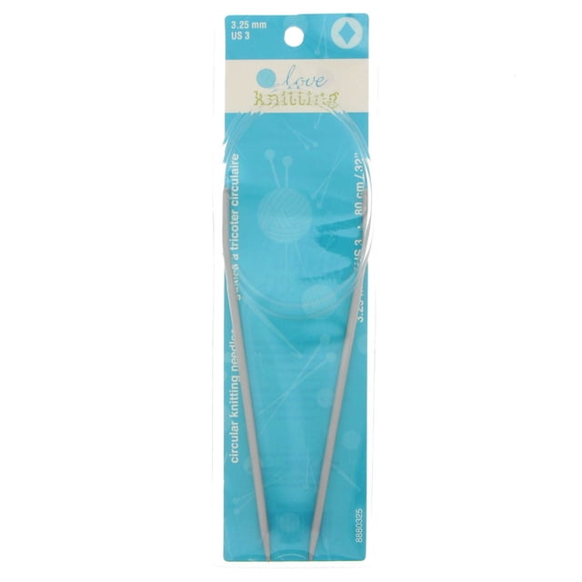 Love Knitting 32" Circular Knitting Needles size 3.25 mm (US 3) featuring smooth aluminum tips connected by a clear flexible cable, displayed on blue packaging with knitting-themed graphics, ideal for knitting in the round and various yarn projects.