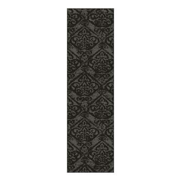 Mainstays tapis de couloir intérieur moderne à motif damassé noir et gris, 2' x 7', lavable à la machine, endos antidérapant