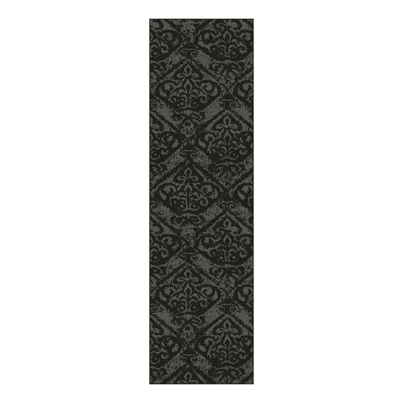 Mainstays Indoor Modern Black and Grey Damask Runner Rug, 2' x 7', Machine Washable, Non-Skid Backing
