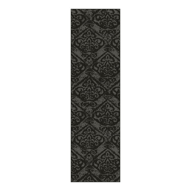 Mainstays Bogota Charcoal Washable Indoor Runner Rug, 2' x 7', featuring a black and gray damask pattern with a machine-tufted polypropylene surface and non-skid rubber backing. This washable runner is ideal for hallways, entryways, or kitchens and offers easy maintenance.