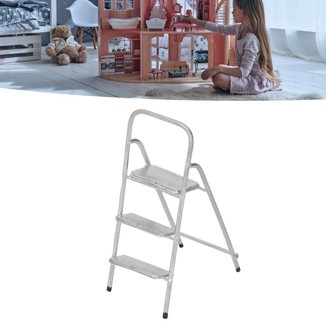 1/12 Miniature Step Ladder, a delicate 3-step ladder made of metal with a textured finish, designed for dollhouse furniture accessories and DIY decoration. The ladder measures approximately 3.6cm in length, 5.5cm in width, and 8.8cm in height. It is shown in a dollhouse setting with a child playing nearby.