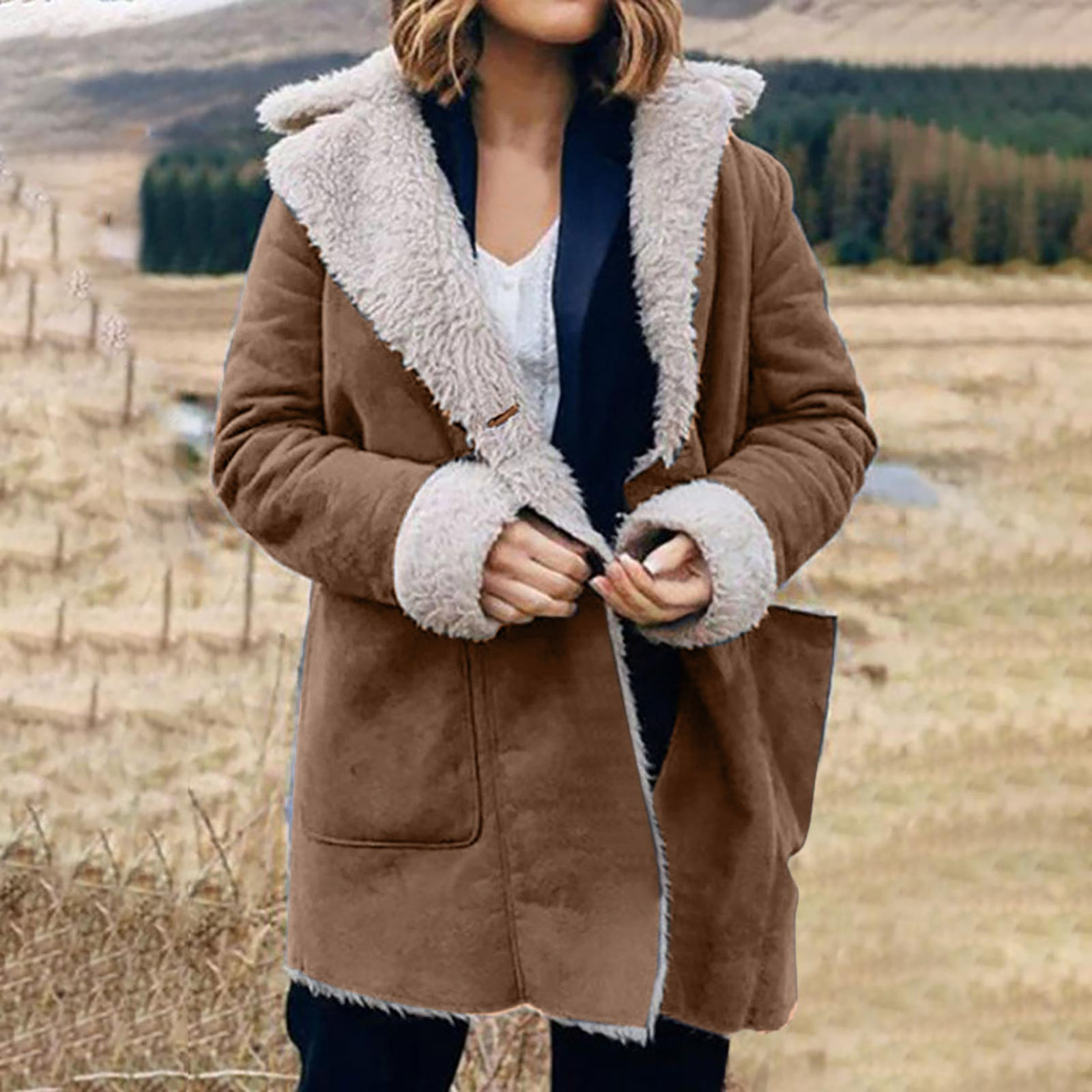 LOVZFMLL Vestes pour Femmes Hiver Chaud Composite Bouton Col à Revers Veste Manteau d'Extérieur