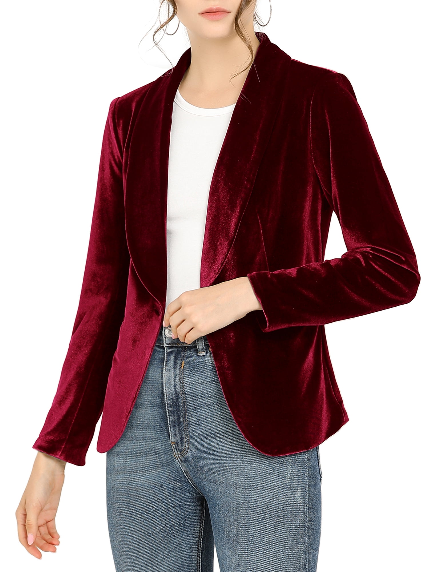 INSPIRE CHIC Women's Halloween Velvet Blazer Solid Color Shawl Collar One Button Wear-to-Work Suit Jacket Wine Red M