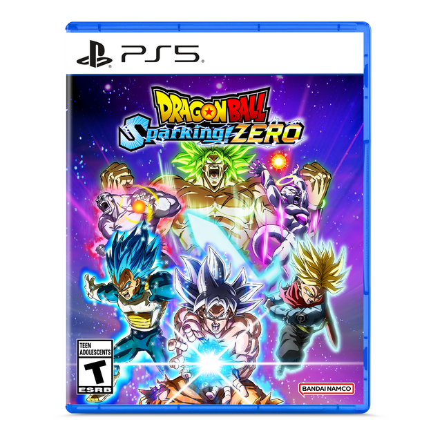 DRAGON BALL: Sparking! ZERO PS5 game cover featuring iconic anime characters in dynamic 3D battle stances with glowing energy effects, centered on a figure charging a blue energy blast, set against a vibrant purple cosmic background with Bandai Namco logo and Teen ESRB rating.