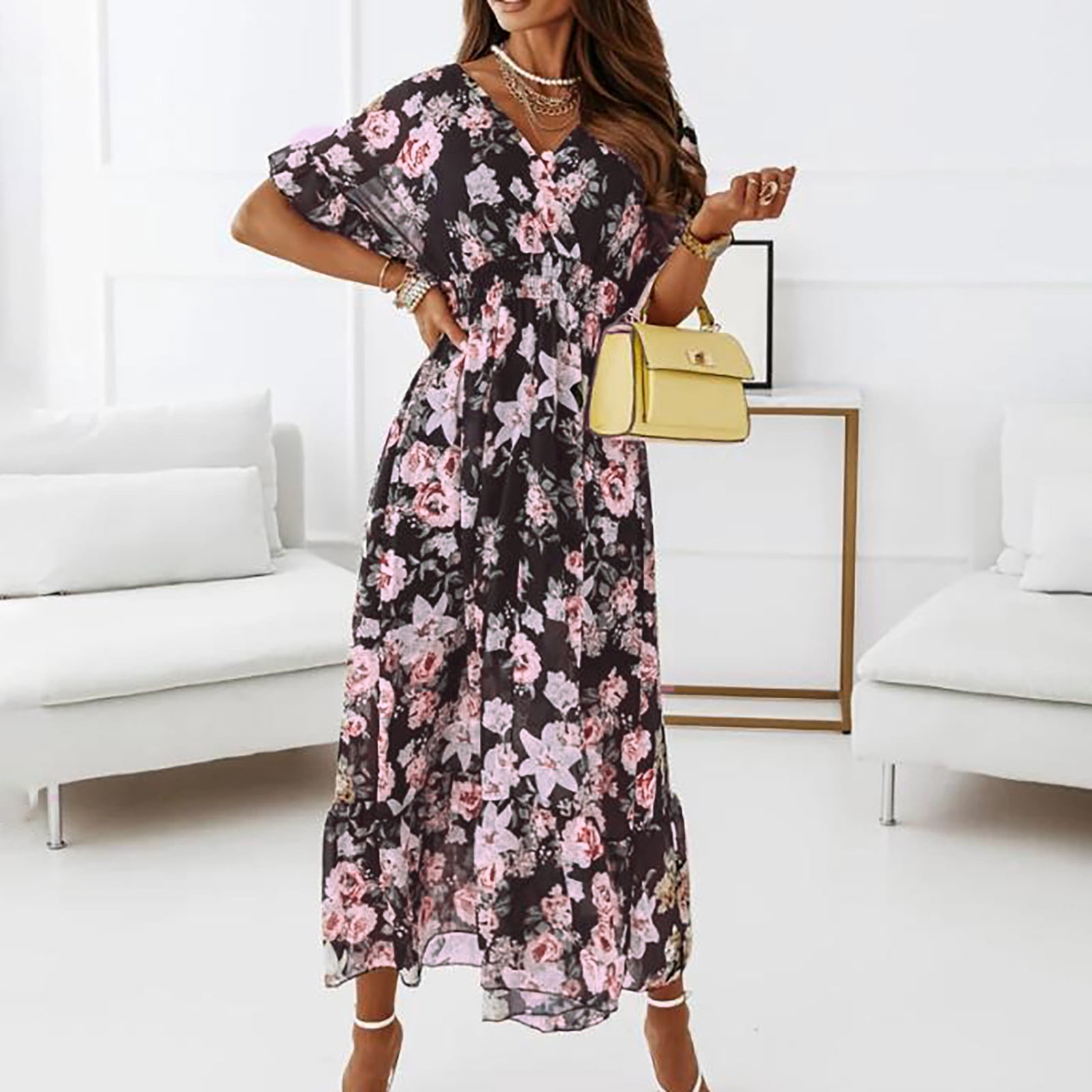 SMihono Robe Maxi Bohème d'Été pour Femmes Grande Taille Robe de Mode pour Femmes Manches Courtes Col en V Imprimé Fleurs Robe Longue de Plage Décontractée Robe de Plage Robe d'Été