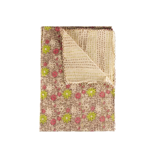 KANTHA COTTON THROW BLANKET 50" X 70" folded to show both sides, featuring a quilted floral pattern with green, red, and beige flowers on a brown background, handcrafted with visible stitching on 100% cotton fabric, suitable as a decorative throw, lightweight blanket, or tapestry.