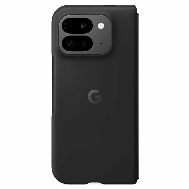Google Silicone Case w/Magnets Obsidian for Google Pixel 10 Pro Fold shown from the back with a matte black silicone finish, featuring cutouts for dual cameras and flash, an embossed Google 'G' logo, and a slim, stain-resistant design that offers shock absorption and fits the Pixel 10 series perfectly.