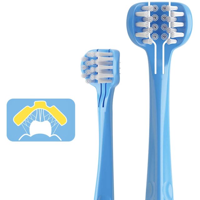 Babyease 3-Sided Toothbrush with ultra-soft bristles, designed for babies and toddlers aged 1 year and up. Features a blue handle with anti-slip design and triple-sided bristle layout for thorough cleaning of teeth and gums. Includes wavy ridges on the back for gum and tongue cleaning, made from 100% food-grade silicone. Ideal for kid's dental care practices.