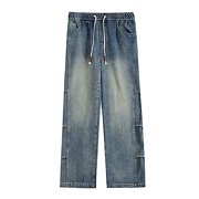 Men's Jeans Relaxed Fit Men's Vintage Washed Print Holes Jeans Splice Casual Breathable Denim Trousers Pantalon Homme Jeans Blue XL