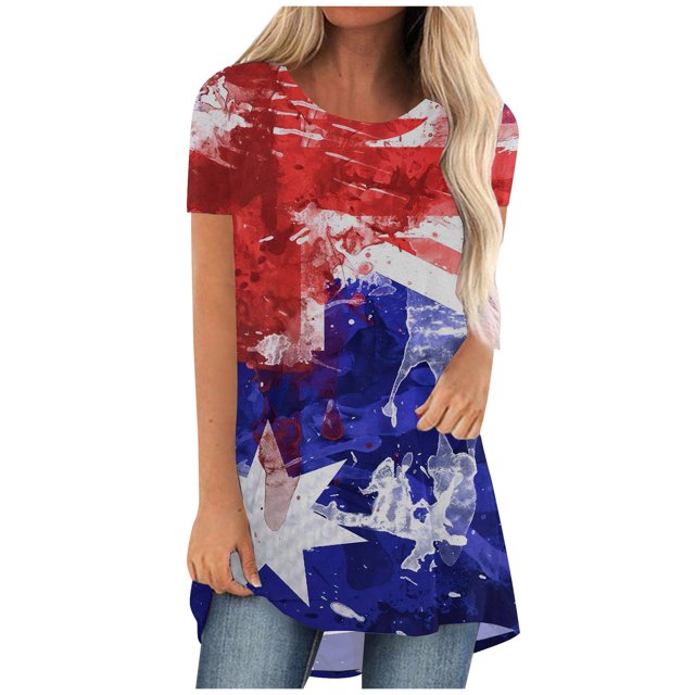 EQWLJWE Hauts d'Été pour Femmes Hauts pour Femmes Liquidation T-shirt Décontracté pour Femmes Jour de l'Indépendance Imprimé Col Rond Manches Courtes Pull Blouse Hauts
