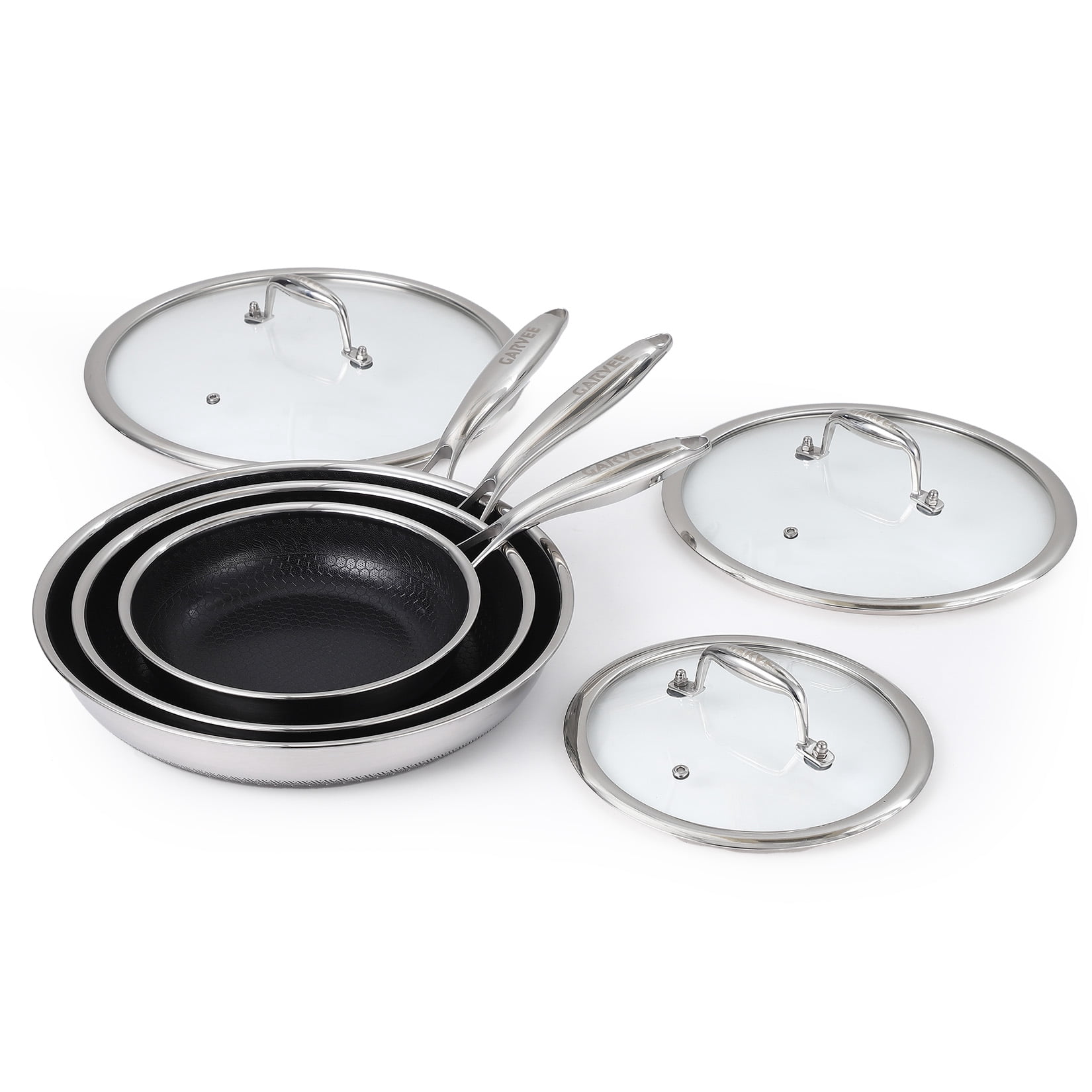 Deluxe Tri-Ply Stainless Steel Nonstick Fry Pan Set – 6-Piece Cookware with Tempered Glass Lids – Stay-Cool Handles – Induction, Oven & Dishwasher Safe Size: 8in+10in+12in with Lids