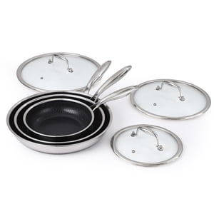 Set de poêles antiadhésif en acier inoxydable Tri-Ply Deluxe – 6-Piece Articles de cuisine avec lis de verre trempé – Poignées de maintien en température – Induction, four & Lave-vaisselle Taille sûre: 8in+10in+12in avec des lids