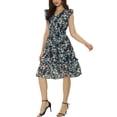 thumbnail image 4 of INSPIRE CHIC Robe pour Femme à Fleurs Manches Volantées Col en V Décontractée Smockée à Volants Robes TP Bleu Foncé Blanc, 4 of 6