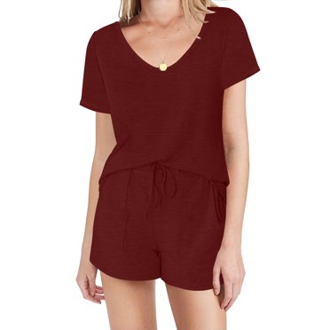 Yuyuzo Pajama Sets for Women 2 Piece Loungewear Outfits Short Sleeve V Neck Tshirts Drawstring Shorts Pjs Sets