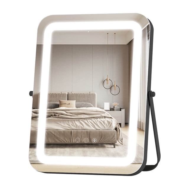 Gymax Miroir de Meuble-Lavabo 16 Pieds' x 12 Pieds' à DEL 3 Couleurs en Noir avec rotation à 360° et Commande Tactile à Intensité Réglable. le Miroir Présente un design Rectangulaire avec des Bords Arrondis, Entouré d'Un Éclairage à DEL Offrant une Luminosité Réglable et Trois modes de Couleur : Froid, Naturel et Chaud. Il Comprend des Boutons Tactiles pour une Utilisation Facile et une Fonction de Mémoire pour Conserver les Réglages Précédents. la base Métallique Robuste Offre une Stabilité, et le Miroir Convient pour une Utilisation dans les Chambres, les Salles