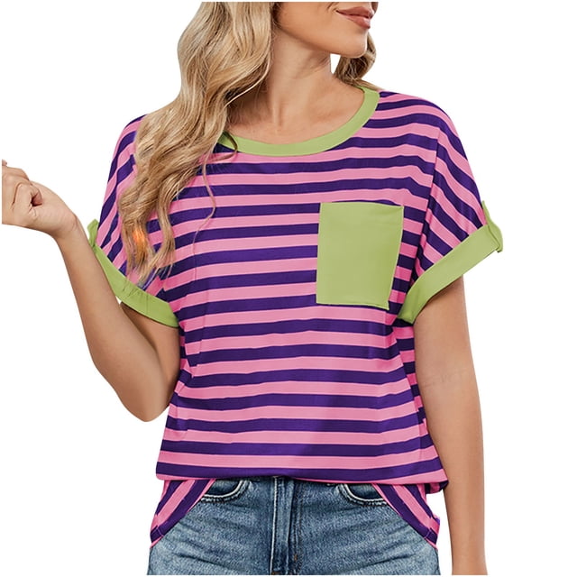Tnhcen Nouveautés pour Femmes Blouses à Manches Courtes à Col Rond / Hauts Décontractés à Rayures avec Poche P-2TG / Hauts en Mélange Nylon Spandex