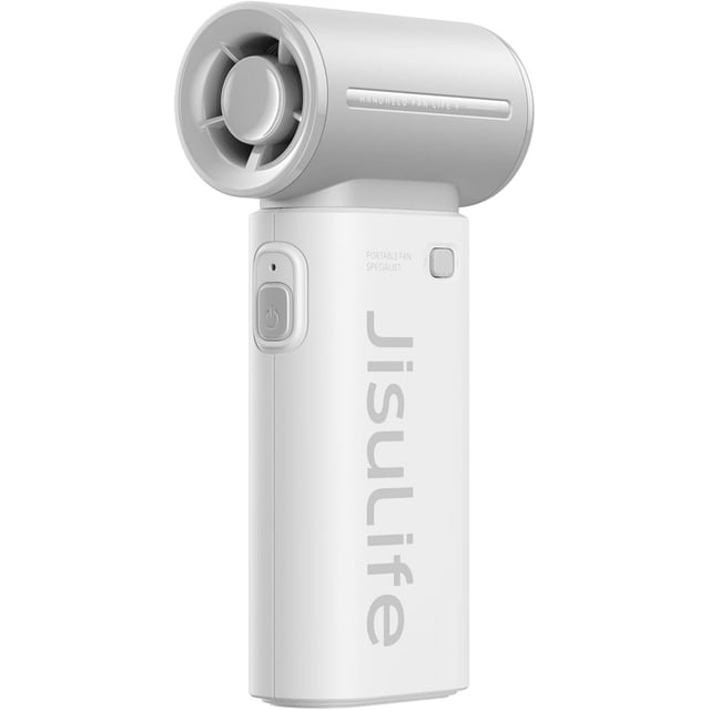 Jisulife Handheld Fan Life9 Grey front-facing compact mini handheld fan with 9-blade rotor, grey cylindrical body, visible power button and attached lanyard; USB-rechargeable 3600mAh battery, up to 10m/s wind speed, five-speed settings, 40000 RPM. Often used as a travel cooling fan for concerts and outdoor activities.