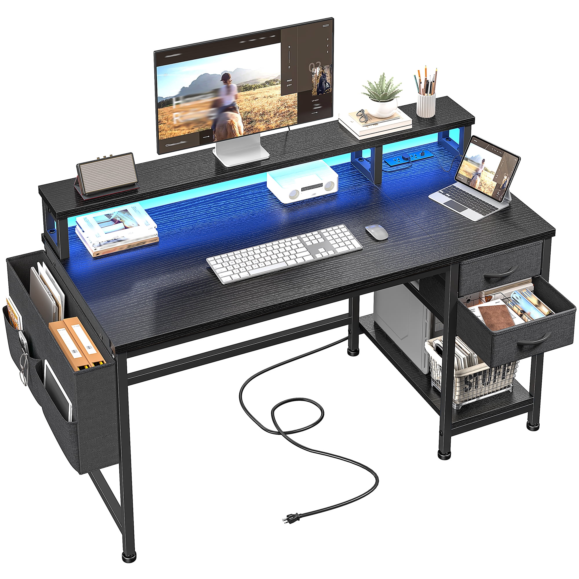 Exenoray 40" Compact Computer Desk with Built-in Power Strip & LED Light, 2 Drawers, 1 Storage Bag, Sturdy Metal Frame, Small Space Home Office Desk,Black