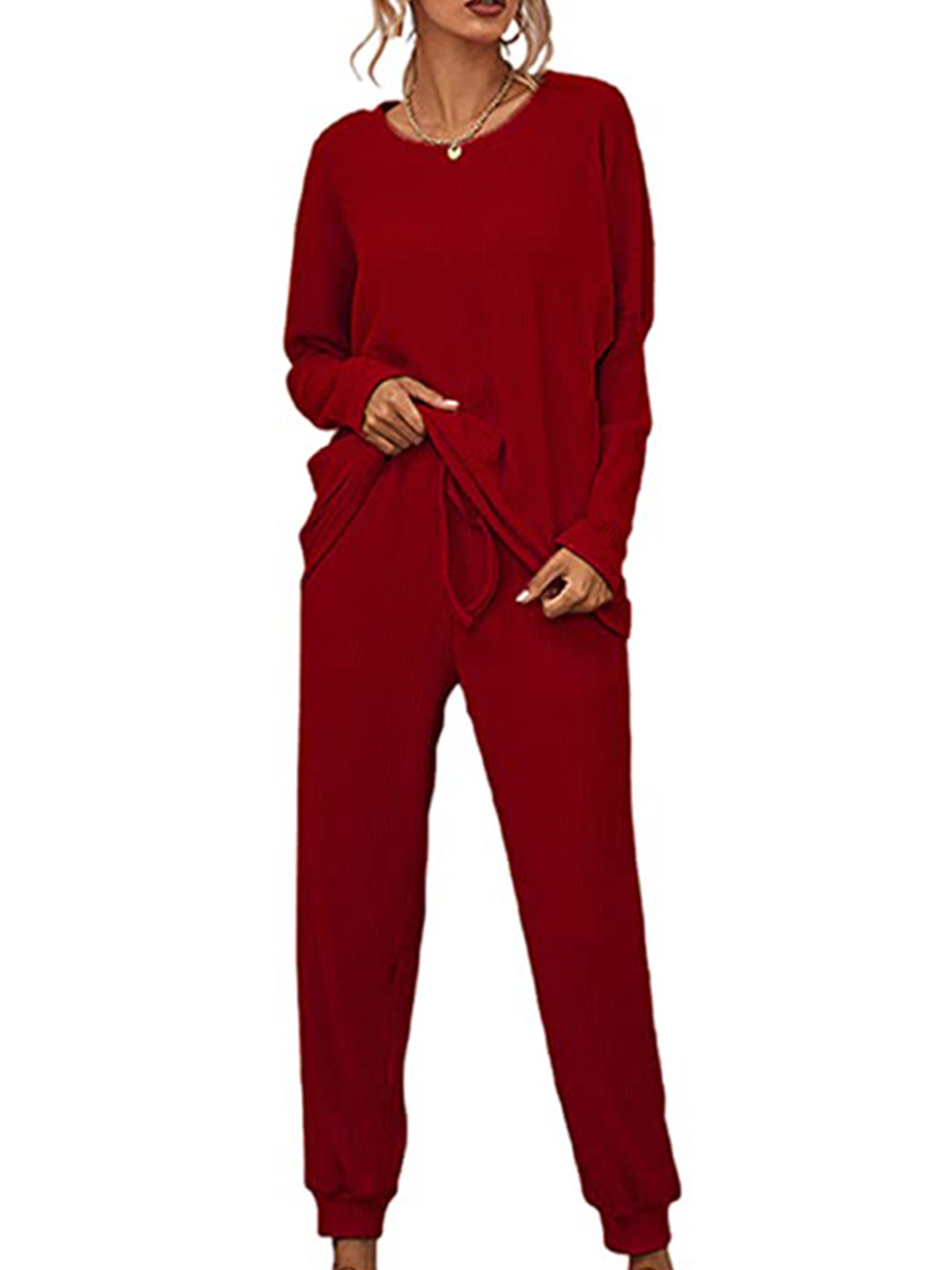 Innerwin Loungwear Elastic Waist Ladies Nightwear Sleep Drawstring With Pockets Sleepwear Wine Red S