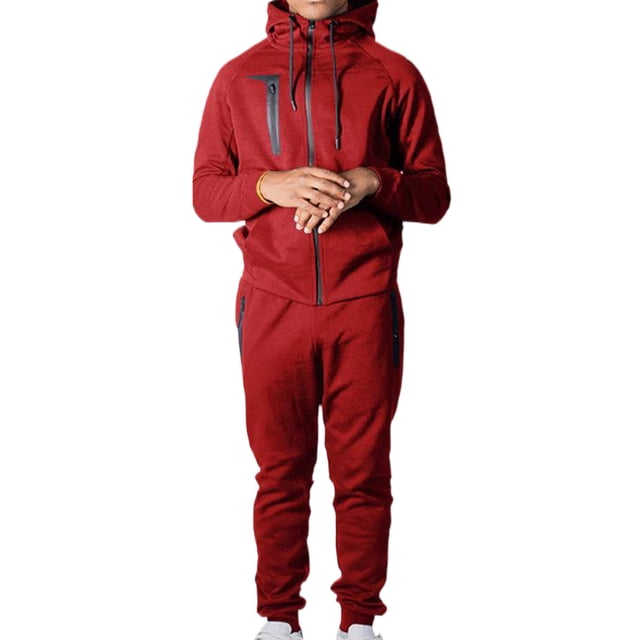LUXUR Ensemble de Survêtement pour Hommes Sweat à Capuche + Pantalon Ensemble de Jogging à Fermeture Éclair Coupe Régulière Deux Pièces Rouge m