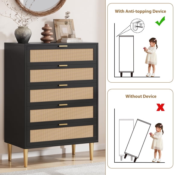 GloryStar 44" Tall Rattan Dresser with 5 Drawers, Modern Farmhouse Narrow Chest, Wooden Vertical Storage Cabinet with Metal Accents for Bedroom, Closet