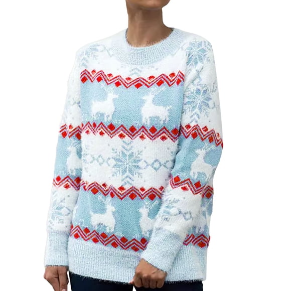 HOWPAY Christmas Ladies Sweaters Xmas Printed Blouse Casual Long Sleeve Crewneck Holiday Pullover Jumper Tops Loose Fit Lightweight Cozy Fall Outfits Blue L