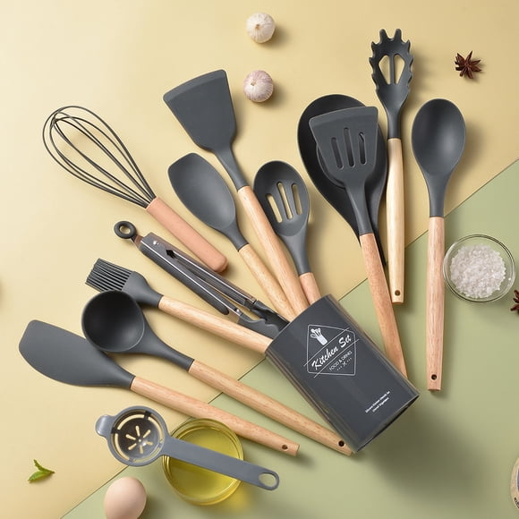 RKSTN Kitchen Utensils Set Kitchen Essentials Wooden Handle Silicone Kitchenware Set 14 Piece Round Barrel Set Non Stick Pot Cooking Spoon Kitchen Tools Kitchen Decor