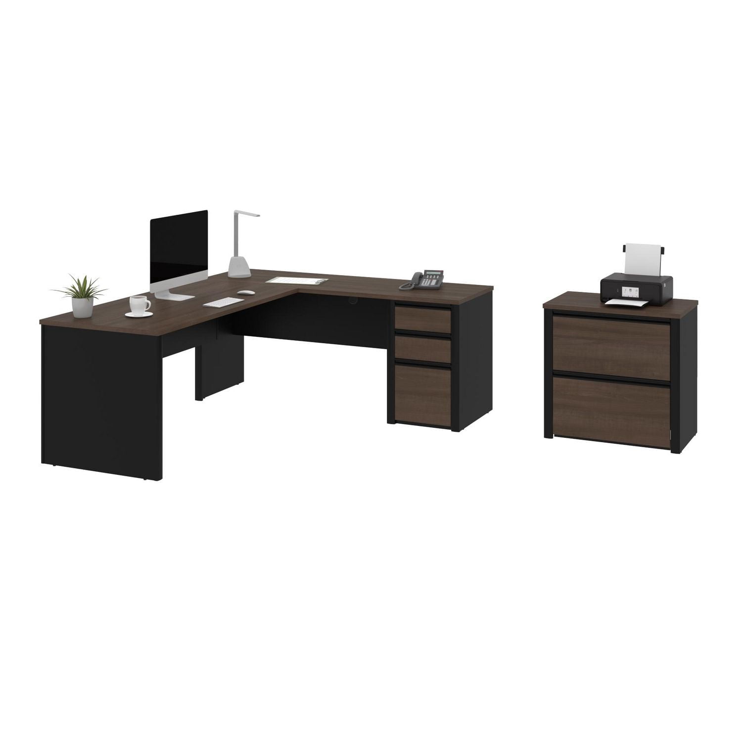 Bestar Connexion 2-Piece set including an L-shaped desk and a lateral file cabinet in antigua & black