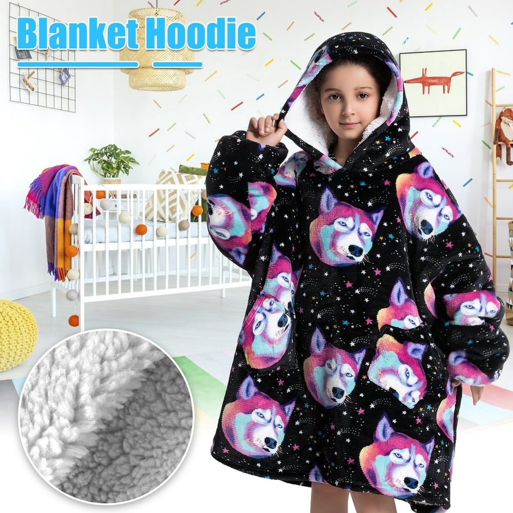Blanket Hoodie for Kids Oversized Wearable Hooded Blanket Soft Warm Flannel Hoodie Sweater Blanket Animal Pattern Blanket Sweatshirt One Size Fits All Wearable Blanket with Pockets