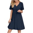 thumbnail image 1 of LOVZFMLL Robes d'Été pour Femmes Décontractées à Manches Courtes Col en V Robe de Plage Fluide à Volants Longueur Genou Marine TTG, 1 of 9