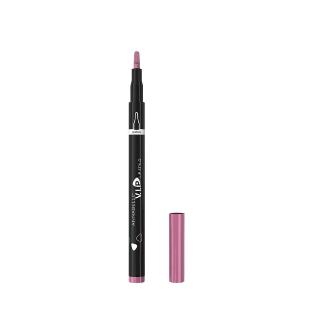V.I.P. Lip Stylo semi-permanent lip pen with a dual-edged paddle-shaped felt tip in muted pink, featuring a black barrel with white Annabelle branding and a matching pink cap, ideal for precise lip lining and filling, also suitable for detailed lip art application.