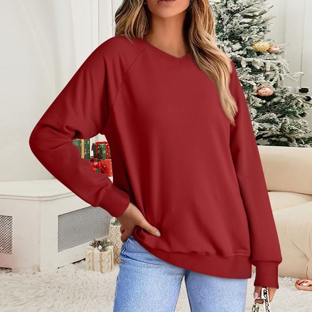 Meichang Long Sleeve Shirt for Women V Neck Raglan Long Sleeve Pullover Basic Solid Loose Fit Spring Sweatshirt 2025 Fashion