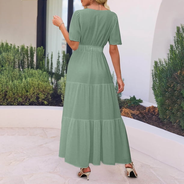 ankle length dresses for petite women Women's Long Dress, Maxi Dress with V-Neck and Short Sleeve, Boho Summer Dress Featuring Elastic Waist and Pockets, Flowy Casual Ankle-Length Dress Zapaka Women Navy V-Neck mini dresses Size:2T and yes