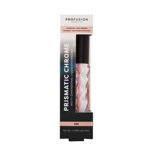 PROFUSION COSMETICS Fard à Paupières Liquide Multidimensionnel Prismatic Chrome en Teinte Zen, dans une Bouteille en Verre Transparent Torsadé avec Capuchon Noir à l'Intérieur, Emballage Noir et Blanc, Mettant en Valeur l'Hydratation, Longue Tenue, Modulable et application à Glissement Facile, Convient aux looks d'Yeux Audacieux Ou Subtils.