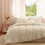 Nayoroom 3 Pieces Beige Ruched Duvet Cover Set Bed Set Boho Shabby Chic Bedding Set for Bedroom Soft Fluffy Ruffle Comforter Cover Set with Pillowcases,Queen Size